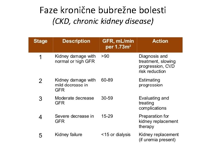 Faze kronične bubrežne bolesti (CKD, chronic kidney disease) 