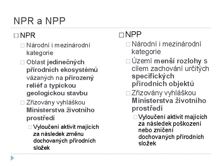 NPR a NPP � NPR Národní i mezinárodní kategorie � Oblast jedinečných přírodních ekosystémů