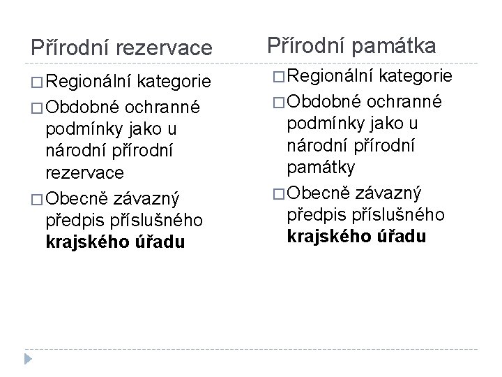 Přírodní rezervace Přírodní památka � Regionální kategorie � Obdobné ochranné podmínky jako u národní