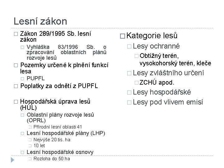 Lesní zákon � Zákon 289/1995 Sb. lesní zákon � � Vyhláška 83/1996 Sb. o