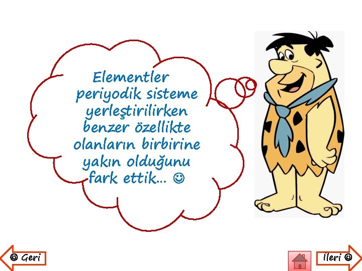 Elementler periyodik sisteme yerleştirilirken benzer özellikte olanların birbirine yakın olduğunu fark ettik… Geri İleri