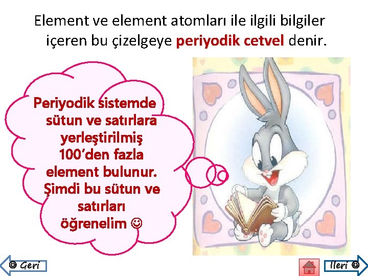 Element ve element atomları ile ilgili bilgiler içeren bu çizelgeye periyodik cetvel denir. Periyodik