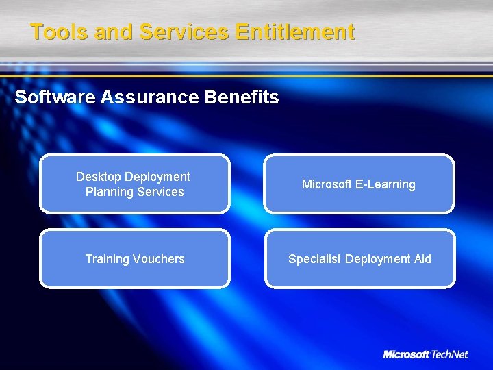 Tools and Services Entitlement Software Assurance Benefits Desktop Deployment Planning Services Microsoft E-Learning Training