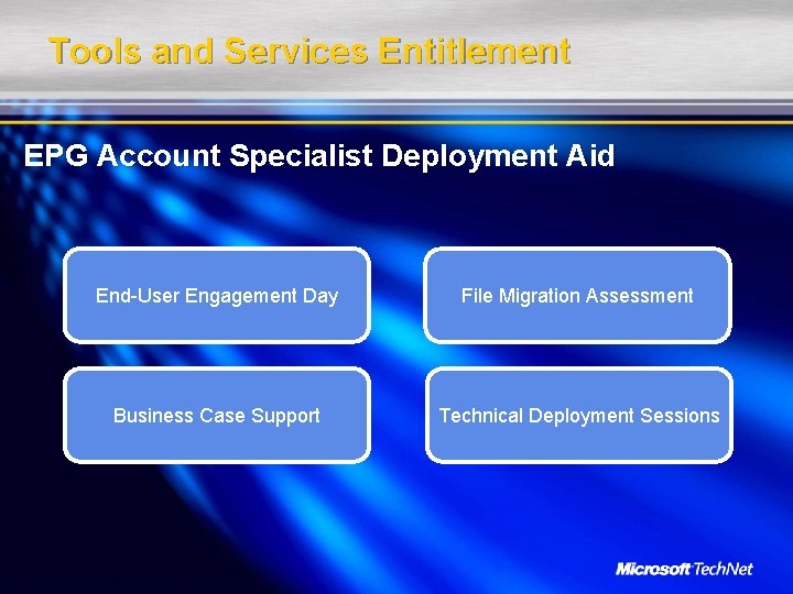 Tools and Services Entitlement EPG Account Specialist Deployment Aid End-User Engagement Day File Migration