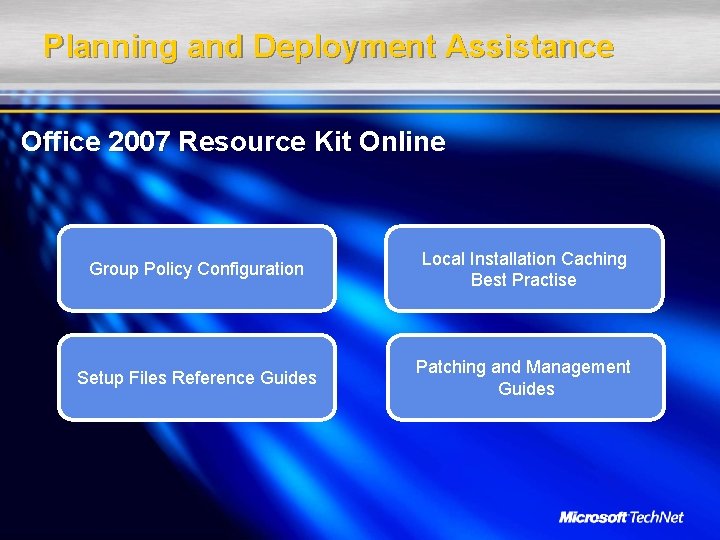 Planning and Deployment Assistance Office 2007 Resource Kit Online Group Policy Configuration Local Installation