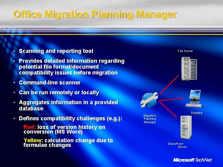 Office Migration Planning Manager • Scanning and reporting tool File Server • Provides detailed