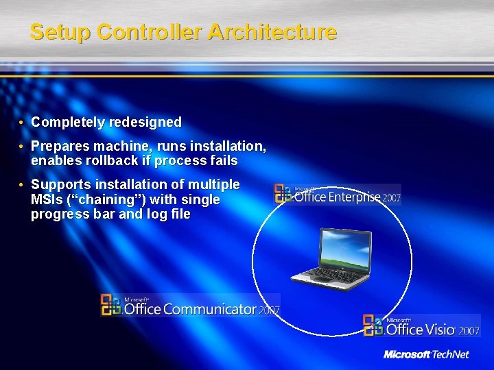 Setup Controller Architecture • Completely redesigned • Prepares machine, runs installation, enables rollback if