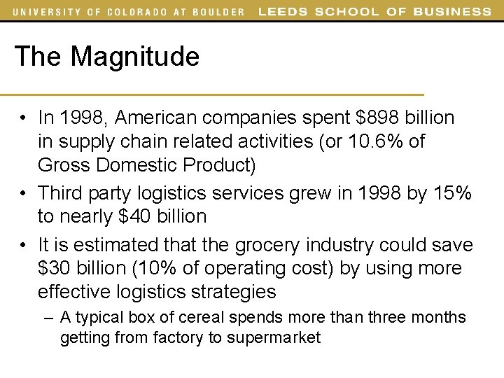 The Magnitude • In 1998, American companies spent $898 billion in supply chain related