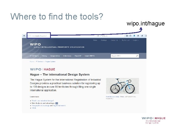 Where to find the tools? wipo. int/hague 