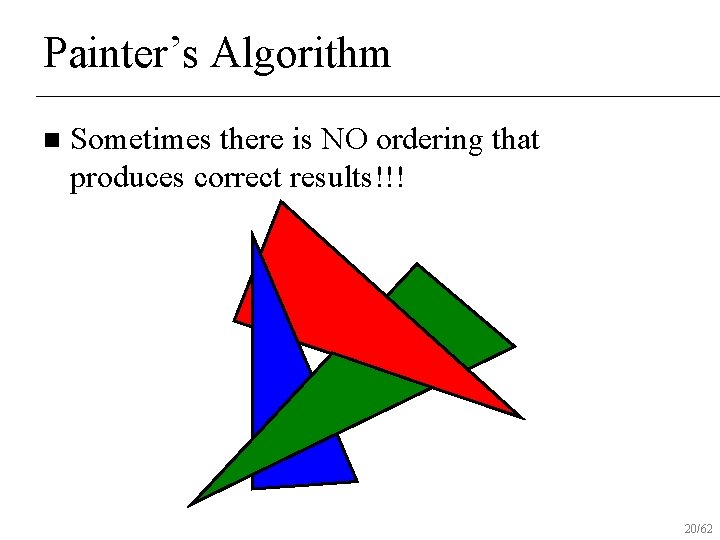 Painter’s Algorithm n Sometimes there is NO ordering that produces correct results!!! 20/62 