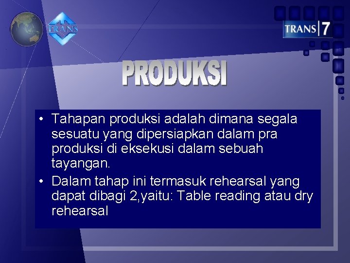  • Tahapan produksi adalah dimana segala sesuatu yang dipersiapkan dalam pra produksi di