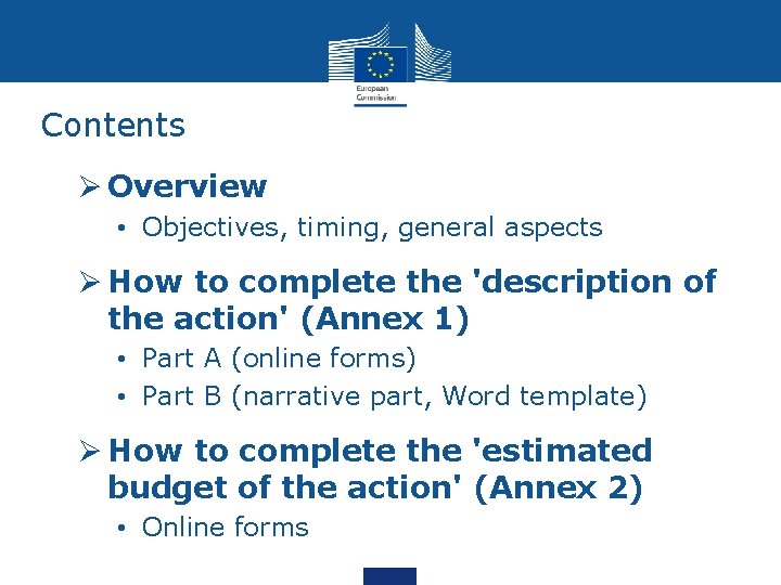 Contents Ø Overview • Objectives, timing, general aspects Ø How to complete the 'description