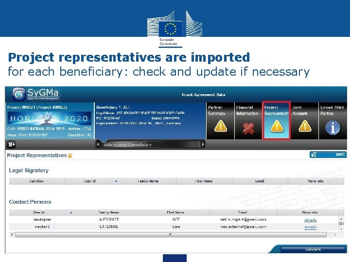Project representatives are imported for each beneficiary: check and update if necessary 