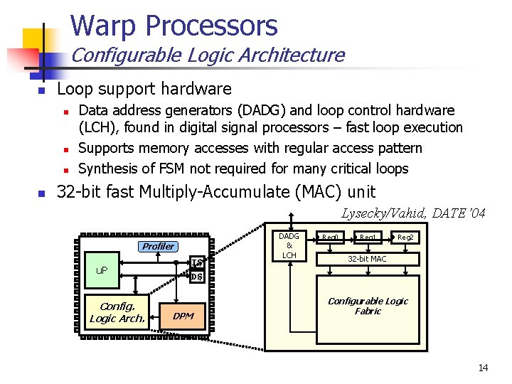 Warp Processors Configurable Logic Architecture n Loop support hardware n n Data address generators