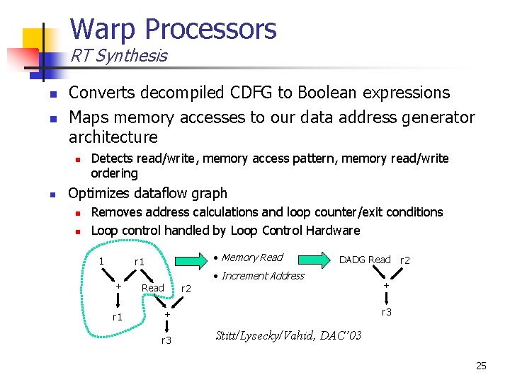 Warp Processors RT Synthesis n n Converts decompiled CDFG to Boolean expressions Maps memory