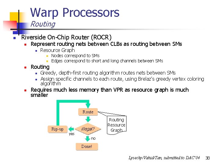 Warp Processors Routing n Riverside On-Chip Router (ROCR) n Represent routing nets between CLBs