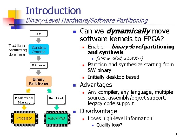 Introduction Binary-Level Hardware/Software Partitioning n SW Binary Traditional partitioning done here Standard Profiling Compiler