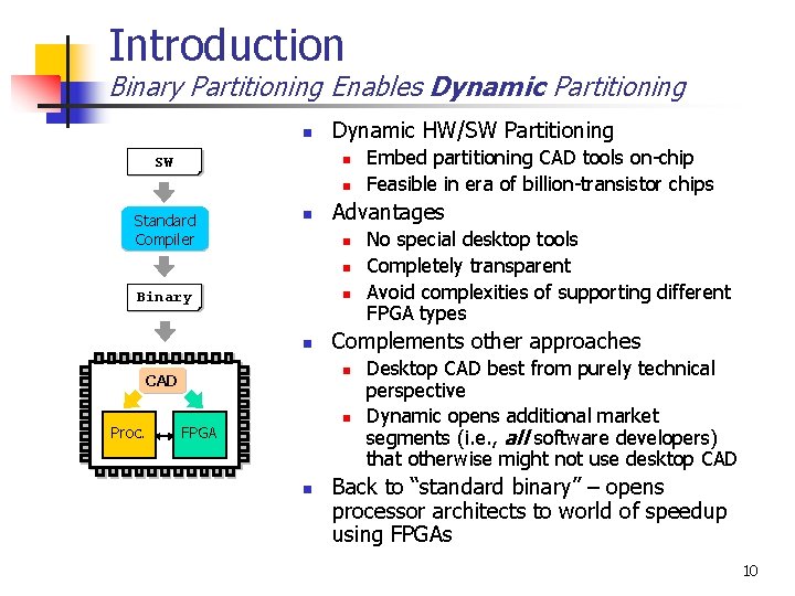 Introduction Binary Partitioning Enables Dynamic Partitioning n SW Binary Dynamic HW/SW Partitioning n n