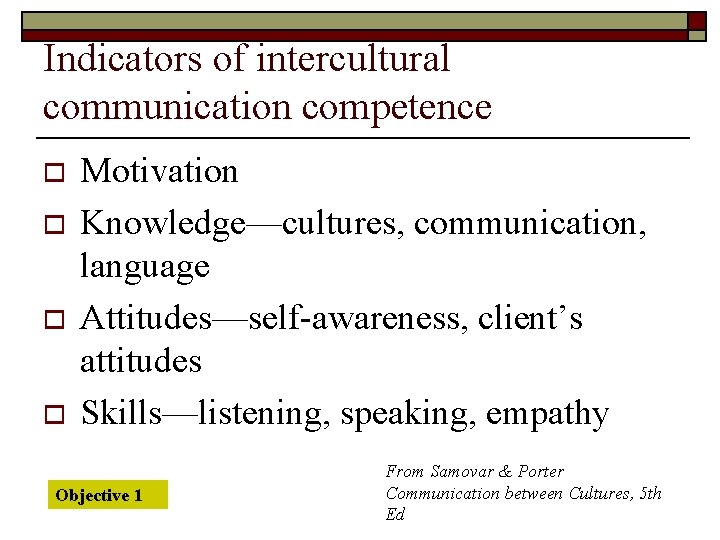 Indicators of intercultural communication competence o o Motivation Knowledge—cultures, communication, language Attitudes—self-awareness, client’s attitudes