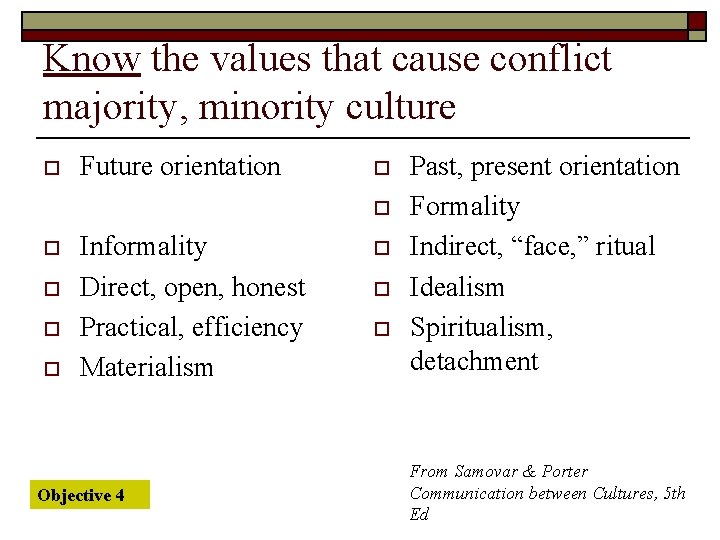 Know the values that cause conflict majority, minority culture o Future orientation o o