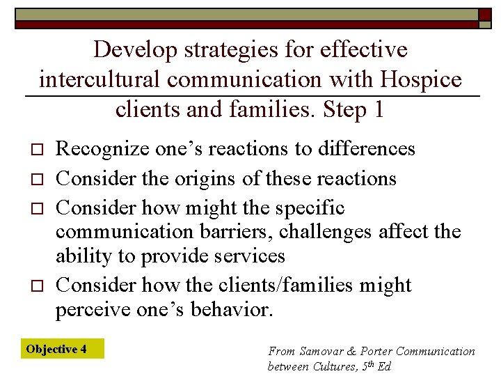 Develop strategies for effective intercultural communication with Hospice clients and families. Step 1 o