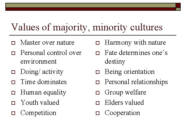 Values of majority, minority cultures o o o o Master over nature Personal control