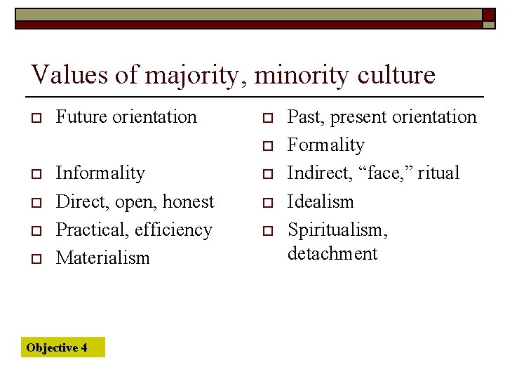 Values of majority, minority culture o Future orientation o o o Informality Direct, open,