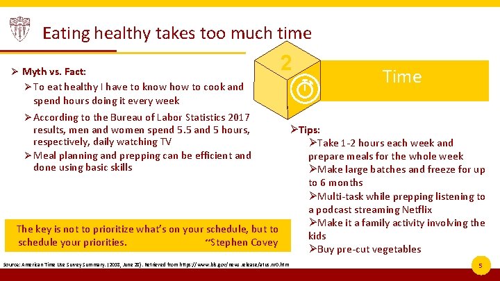 Eating healthy takes too much time Ø Myth vs. Fact: 2 Ø To eat