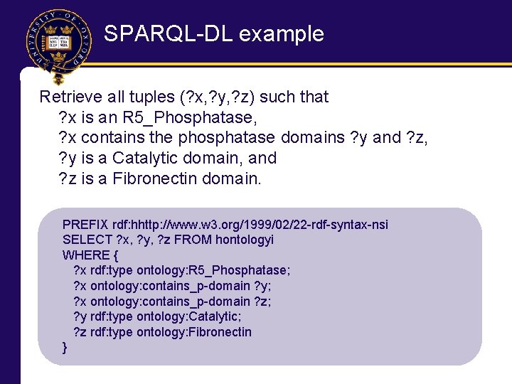 SPARQL-DL example Retrieve all tuples (? x, ? y, ? z) such that ?