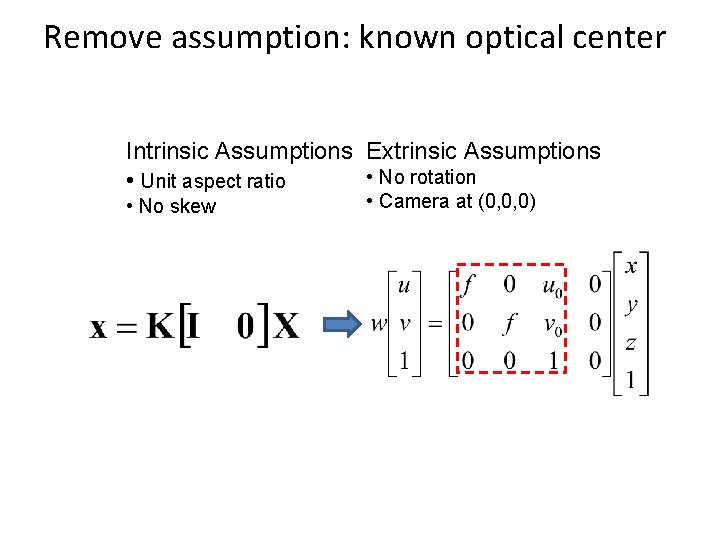 Remove assumption: known optical center Intrinsic Assumptions Extrinsic Assumptions • No rotation • Unit