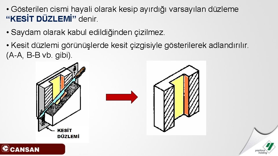  • Gösterilen cismi hayali olarak kesip ayırdığı varsayılan düzleme “KESİT DÜZLEMİ” denir. •