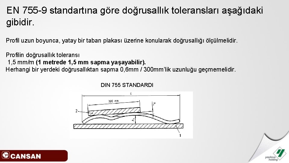 EN 755 -9 standartına göre doğrusallık toleransları aşağıdaki gibidir. Profil uzun boyunca, yatay bir