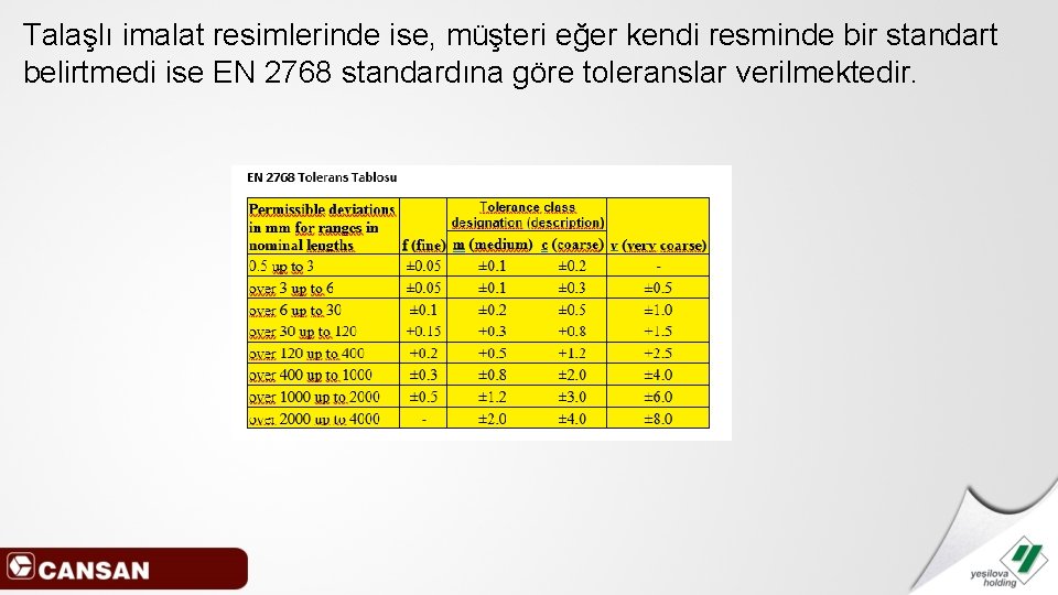 Talaşlı imalat resimlerinde ise, müşteri eğer kendi resminde bir standart belirtmedi ise EN 2768