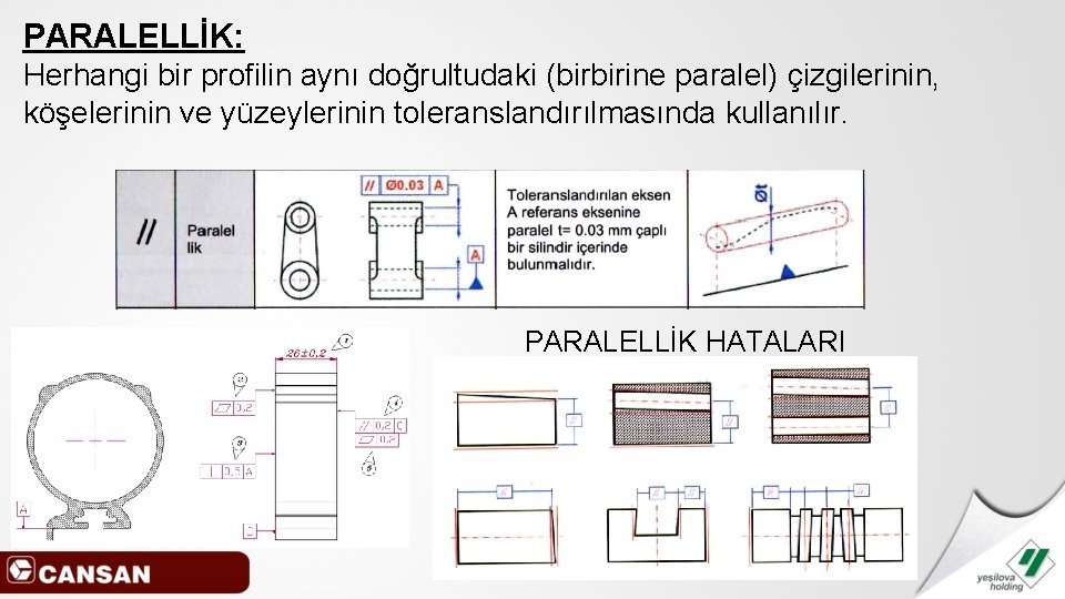 PARALELLİK: Herhangi bir profilin aynı doğrultudaki (birbirine paralel) çizgilerinin, köşelerinin ve yüzeylerinin toleranslandırılmasında kullanılır.