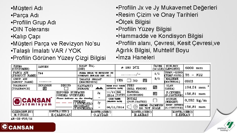  • Müşteri Adı • Parça Adı • Profilin Grup Adı • DIN Toleransı