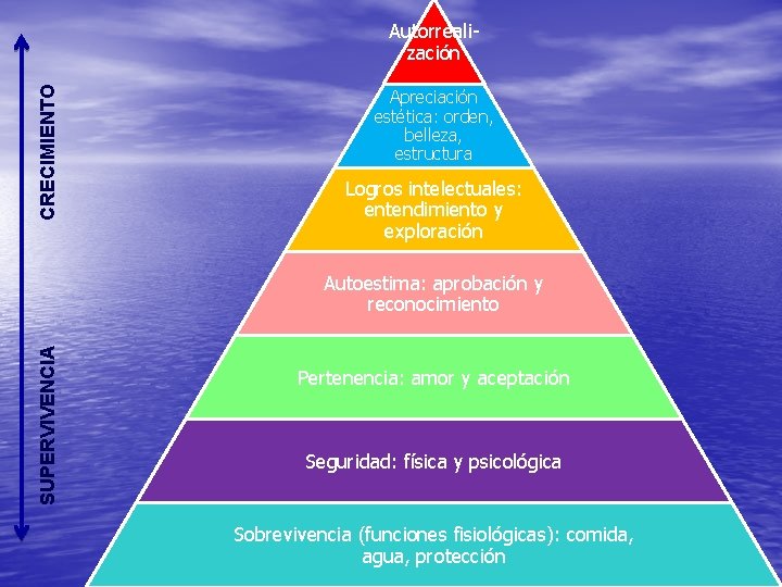 CRECIMIENTO Autorrealización Apreciación estética: orden, belleza, estructura Logros intelectuales: entendimiento y exploración SUPERVIVENCIA Autoestima: