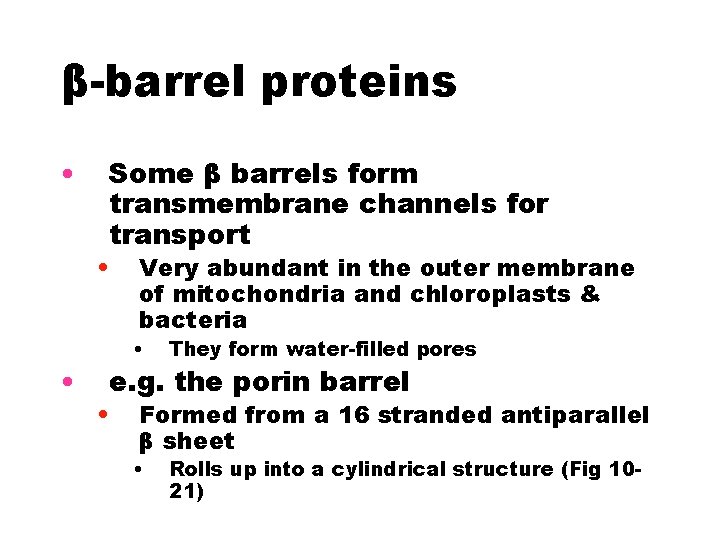 β-barrel proteins • Some β barrels form transmembrane channels for transport • • Very
