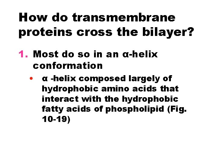 How do transmembrane proteins cross the bilayer? 1. Most do so in an α-helix