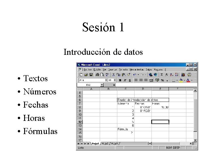 Sesión 1 Introducción de datos • Textos • Números • Fechas • Horas •