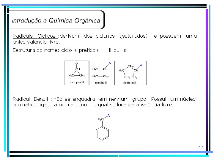 Radicais Cíclicos : derivam dos ciclanos (saturados) única valência livre. Estrutura do nome: ciclo