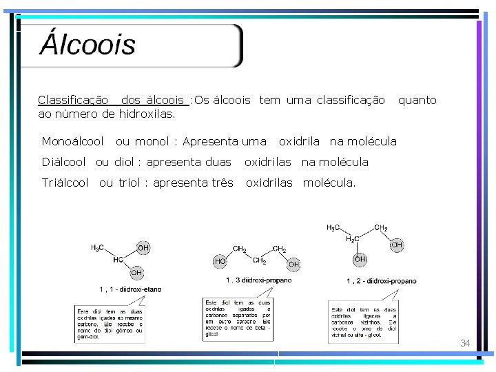 Classificação dos álcoois : Os álcoois tem uma classificação quanto ao número de hidroxilas.