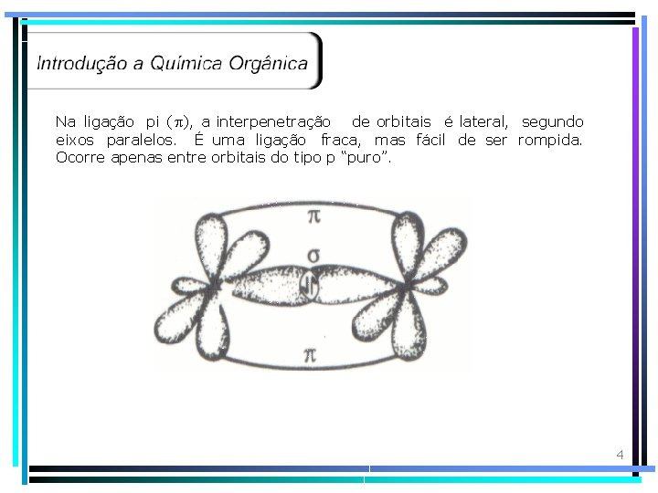 Na ligação pi ( ), a interpenetração de orbitais é lateral, segundo eixos paralelos.