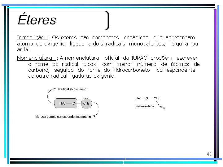 Introdução : Os éteres são compostos orgânicos que apresentam átomo de oxigênio ligado a