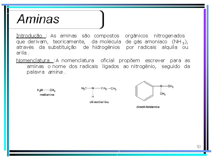 Introdução : As aminas são compostos orgânicos nitrogenados que derivam, teoricamente, da molécula de