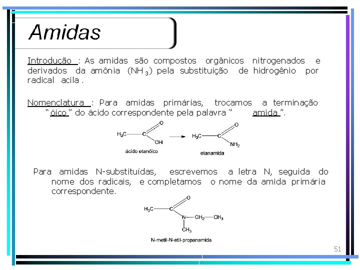 Introdução : As amidas são compostos orgânicos nitrogenados e derivados da amônia (NH 3