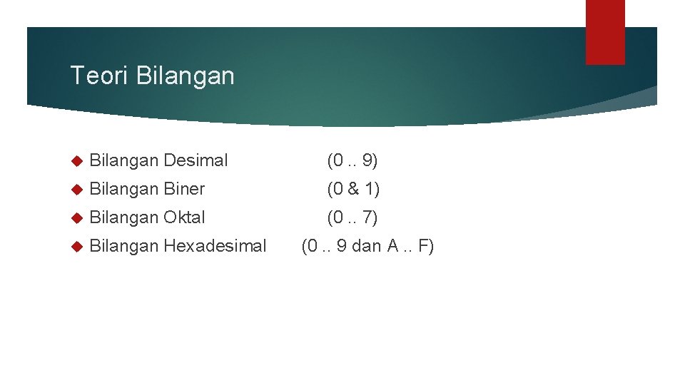 Teori Bilangan Desimal (0. . 9) Bilangan Biner (0 & 1) Bilangan Oktal (0.