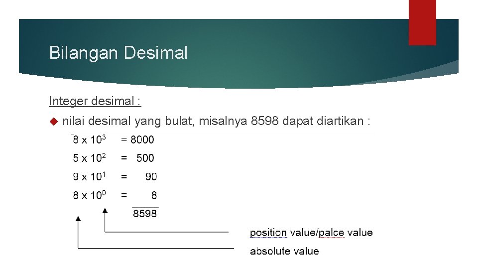 Bilangan Desimal Integer desimal : nilai desimal yang bulat, misalnya 8598 dapat diartikan :