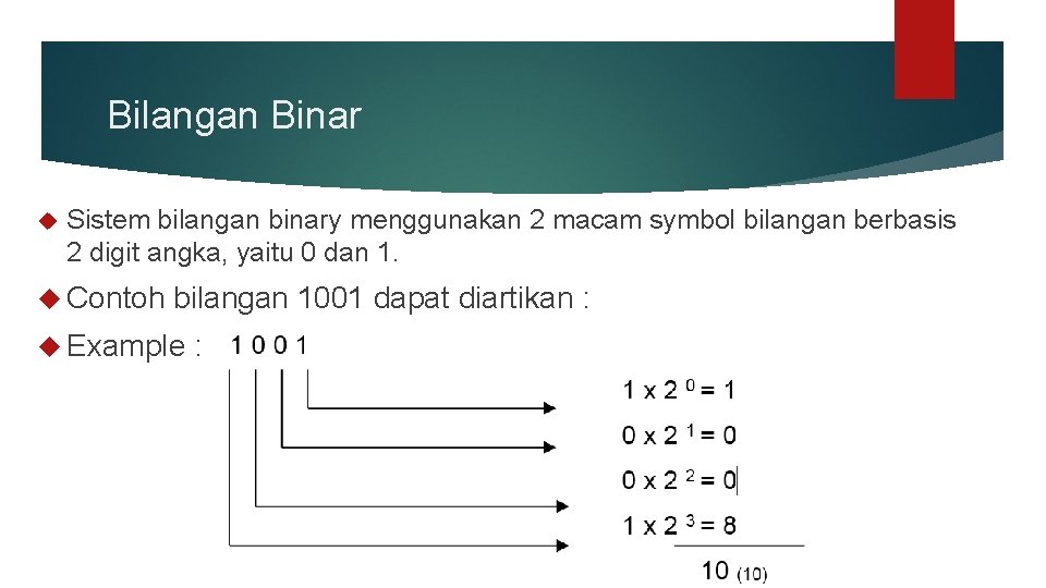 Bilangan Binar Sistem bilangan binary menggunakan 2 macam symbol bilangan berbasis 2 digit angka,