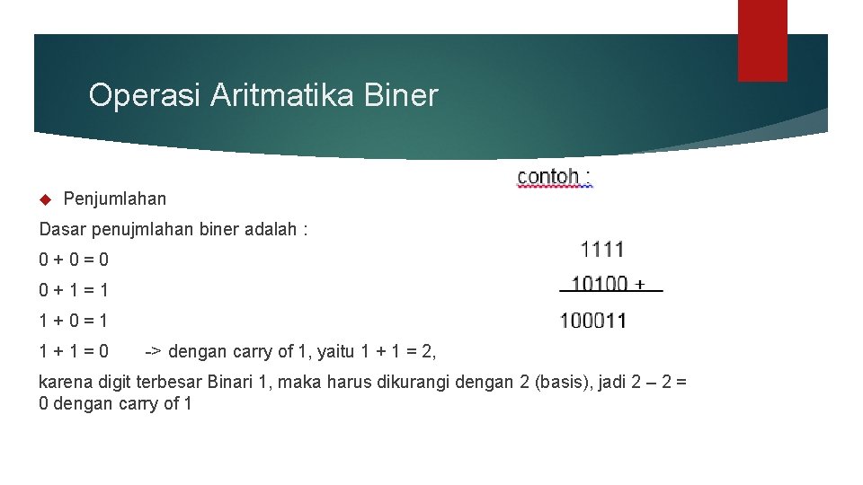 Operasi Aritmatika Biner Penjumlahan Dasar penujmlahan biner adalah : 0 + 0 = 0