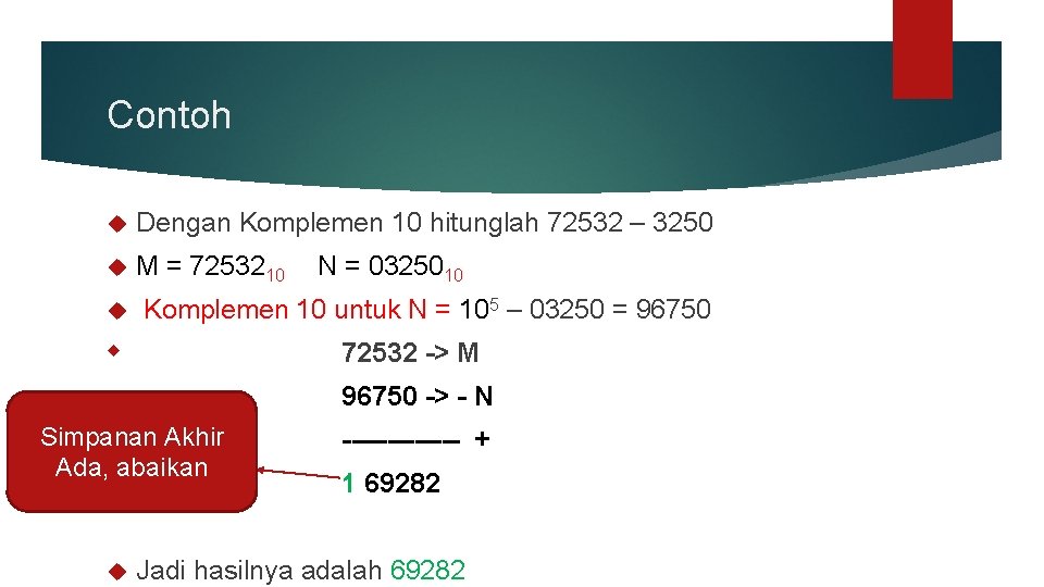 Contoh Dengan Komplemen 10 hitunglah 72532 – 3250 M = 7253210 N = 0325010